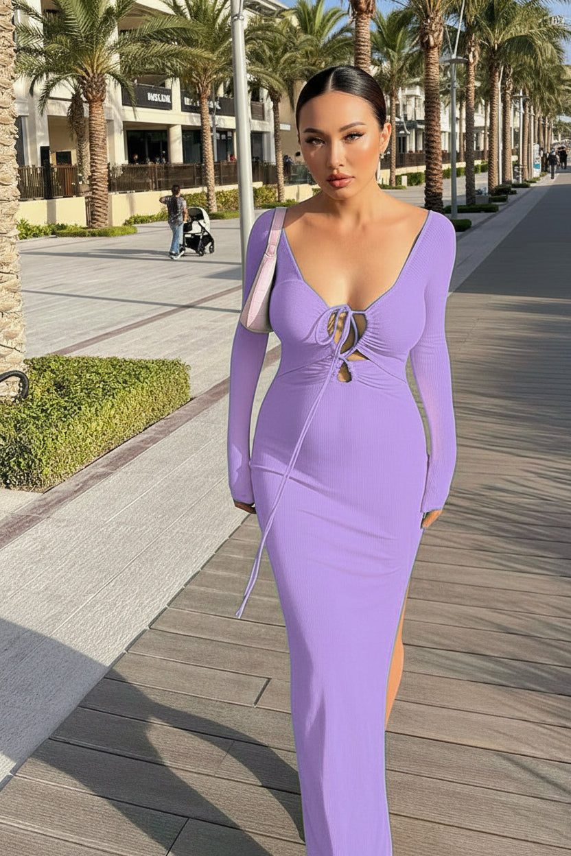 v cut dress Lacet V-Neck Lace-up Split Dress