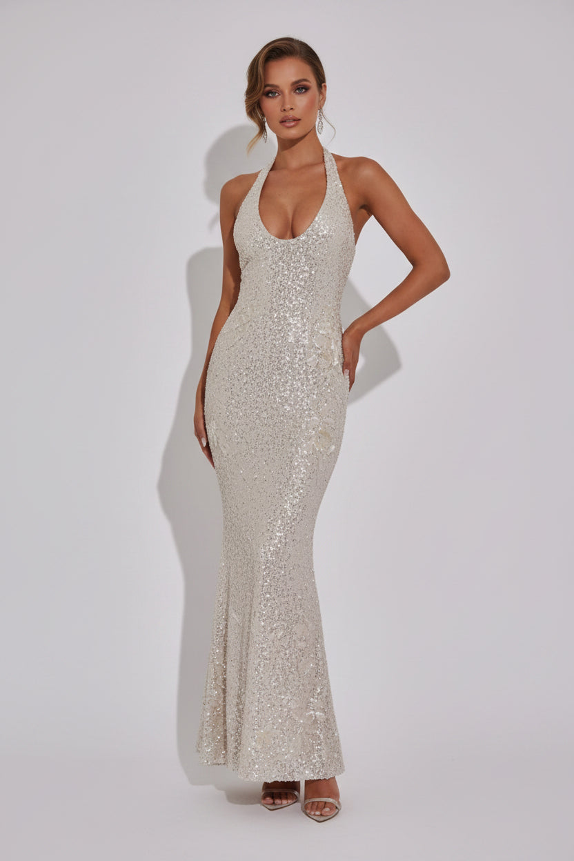 Silver sequin dress on a plain background