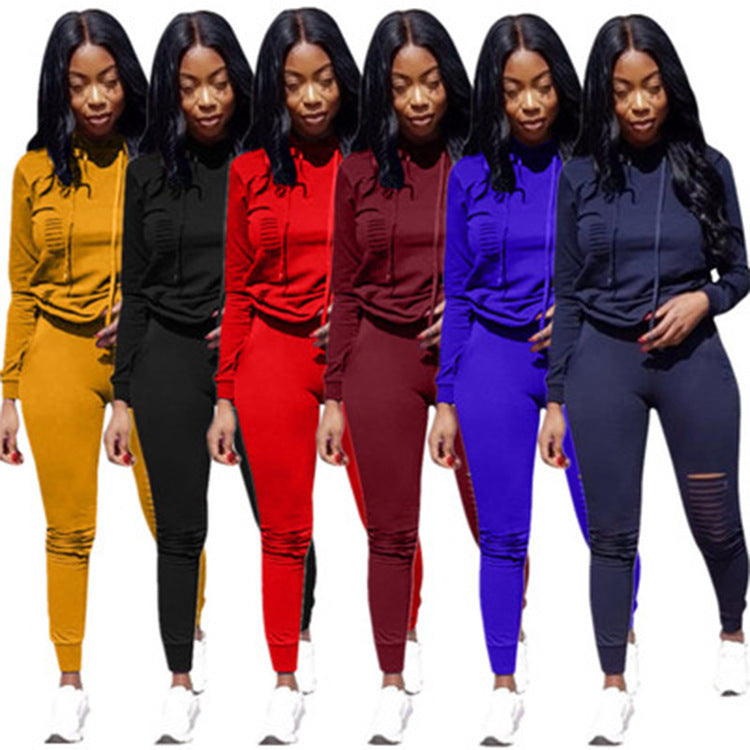 Women's Solid Color Floral Hoodie Two-Piece Set