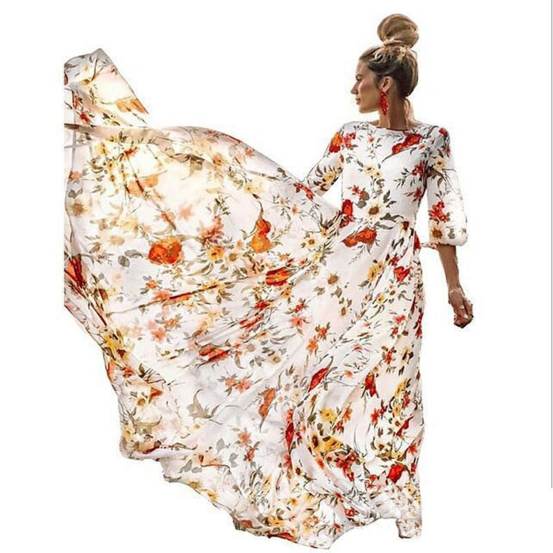 2024 Spring Autumn Floral Chiffon Long Dress