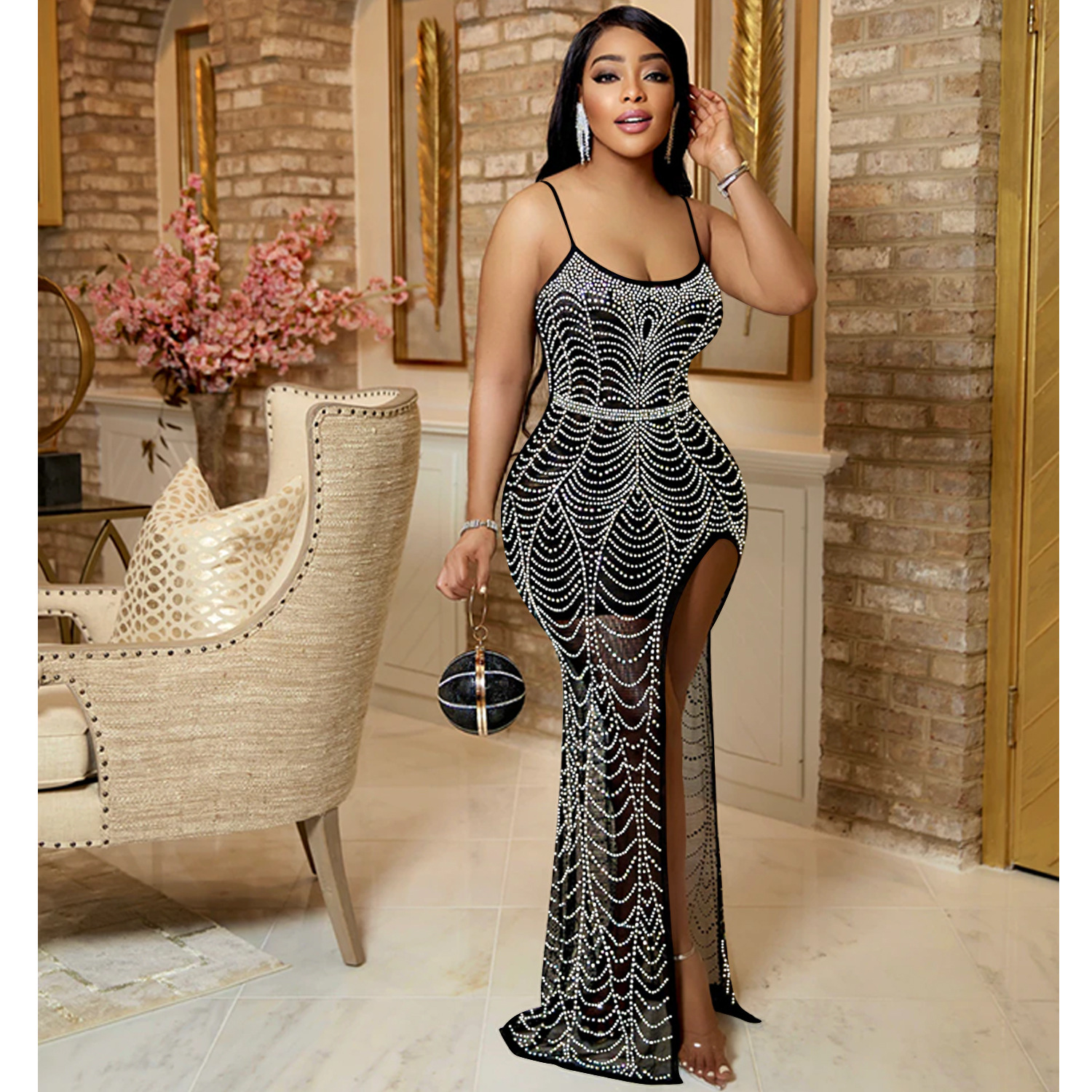 Evarisluxe Rhinestone Sling Evening Dress