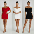 Three different off-shoulder dresses in red, white, and black on a neutral background.