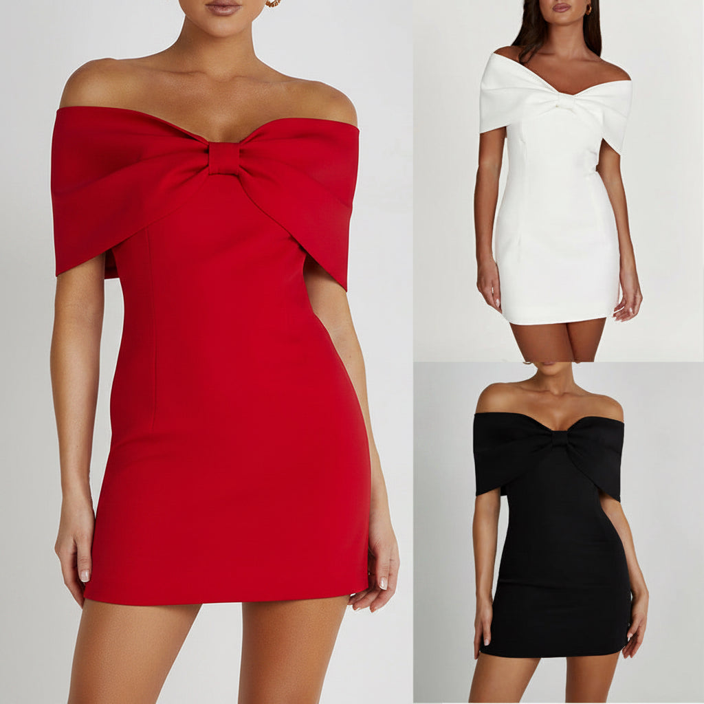 Three different off-shoulder dresses in red, white, and black on a neutral background.