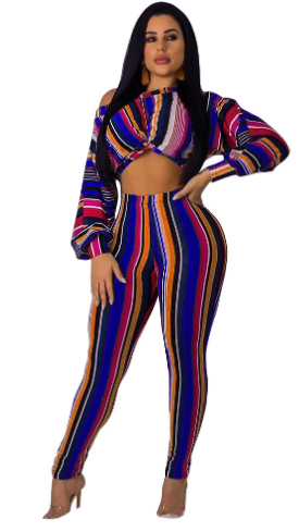 Striped Print Long Top and Leggings Two-Piece Set