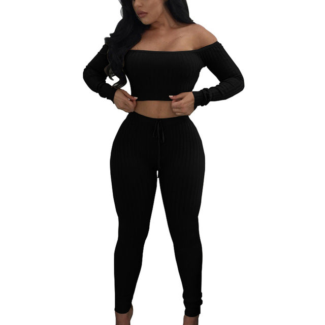 High Elastic Ribbed Long Pants Two-Piece Set