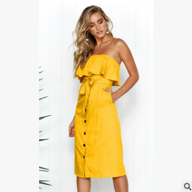 Summer Solid Color Ruffle Button Dress for Women
