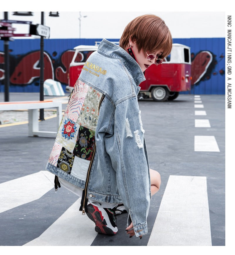 Vintage Floral Embroidery Ripped Denim Jacket for Women
