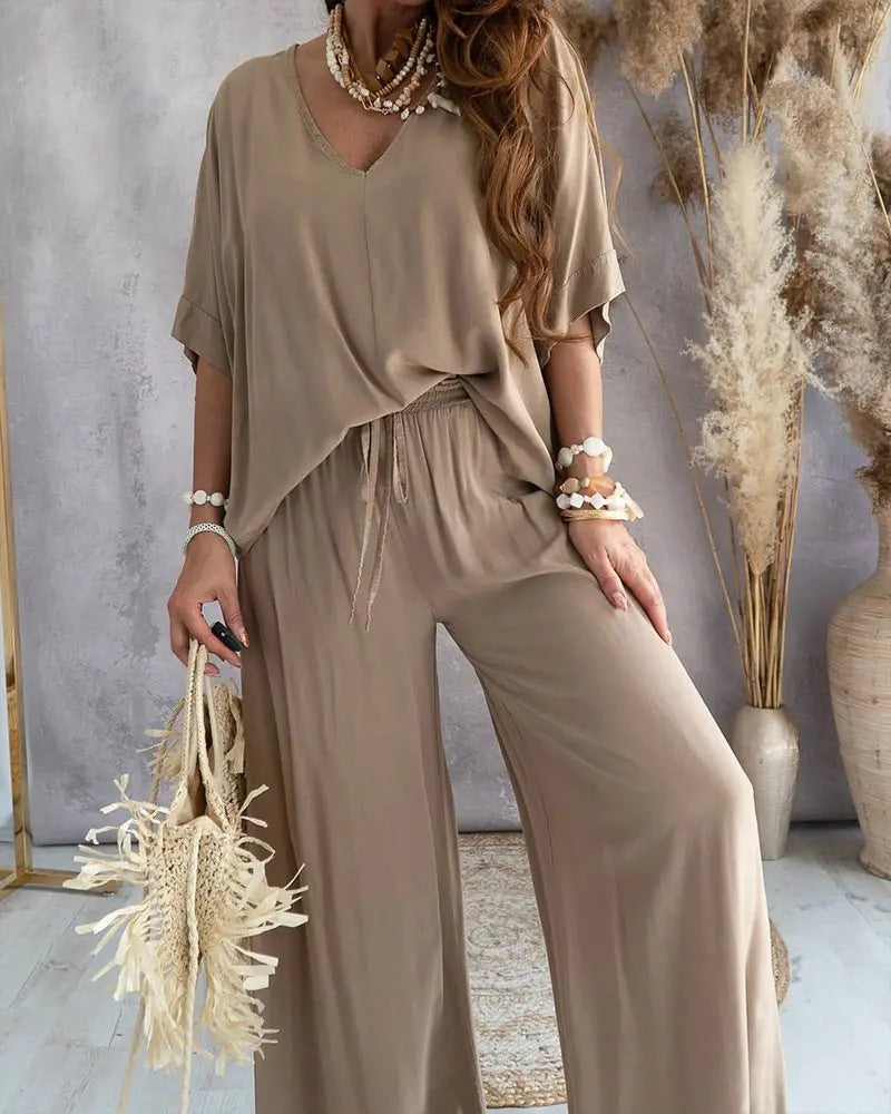 2023 Summer V-Neck Batwing Sleeve Cotton Set