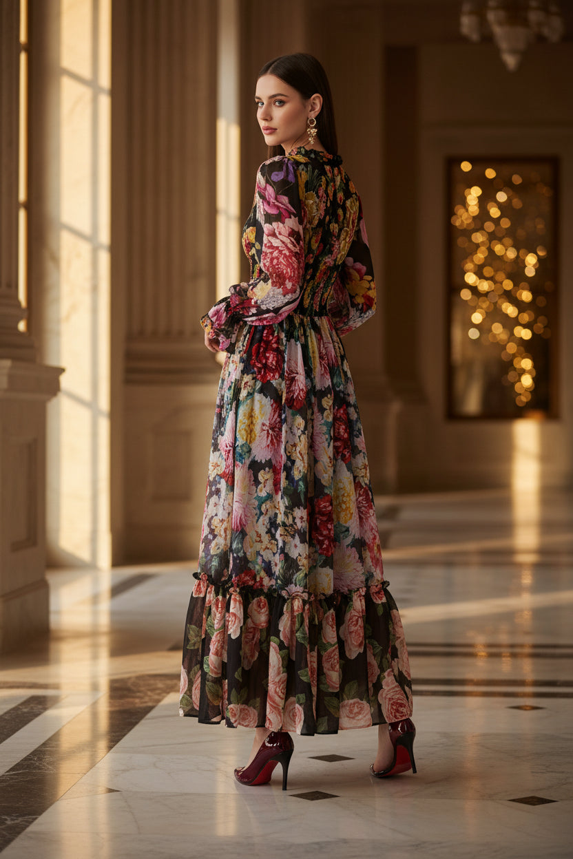 Woman wearing a floral dress on a white background