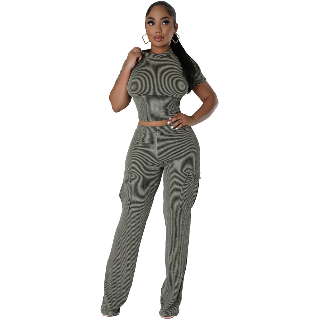 X9469 Fashionable Solid Color Short Sleeve Two-Piece Set