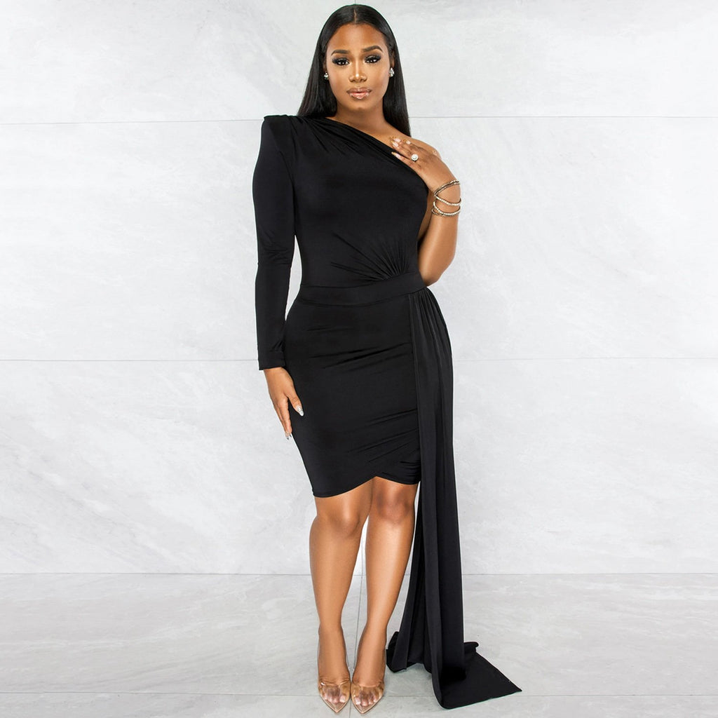 Pleated Slanted Shoulder Long Sleeve Dress for Women