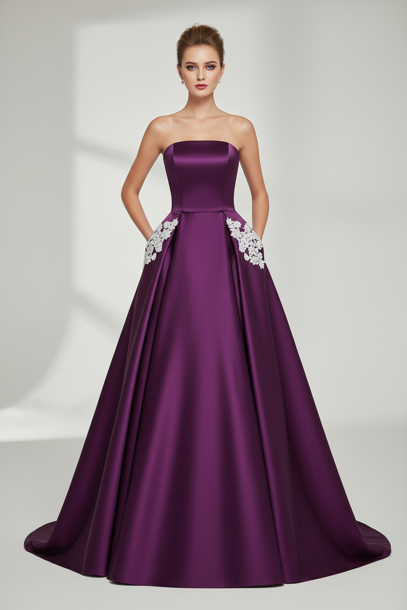 Purple strapless gown with white floral details on a white background