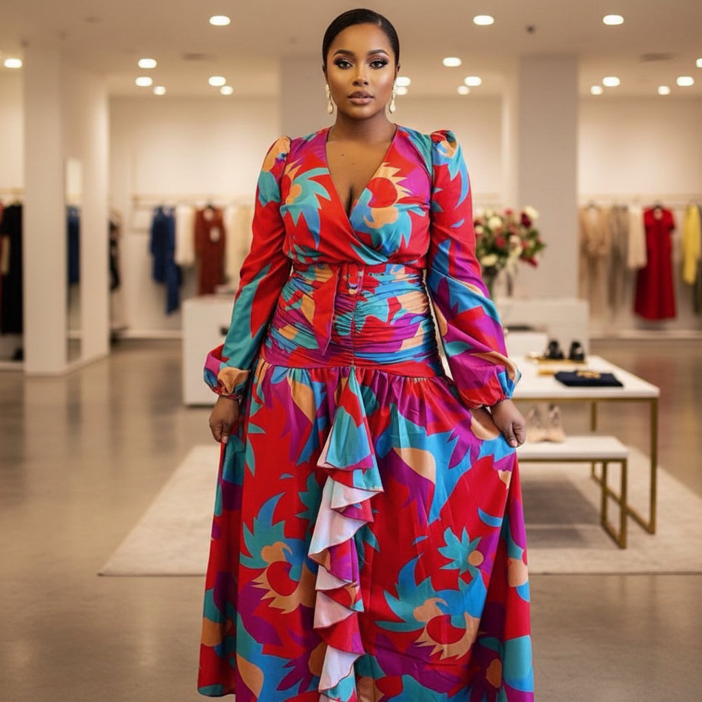 Person wearing a colorful floral dress standing in front of leopard print curtains.