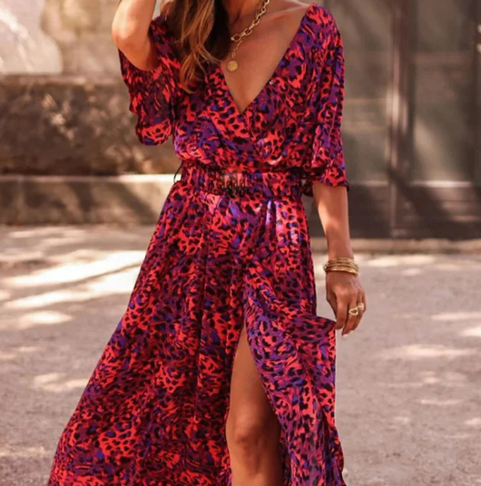 Red Leopard Print Bodycon Midi Dress for Spring