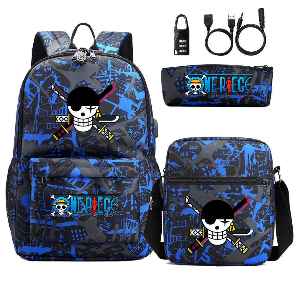 Cartoon One Piece USB Password Lock Backpack Set