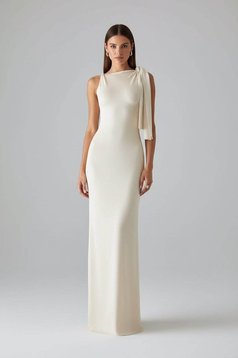 Woman in a white evening gown standing on a staircase.
