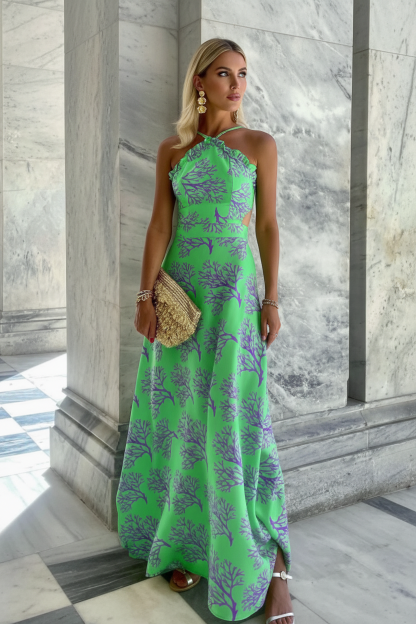 Woman in a green and purple patterned dress standing in a marble hallway.