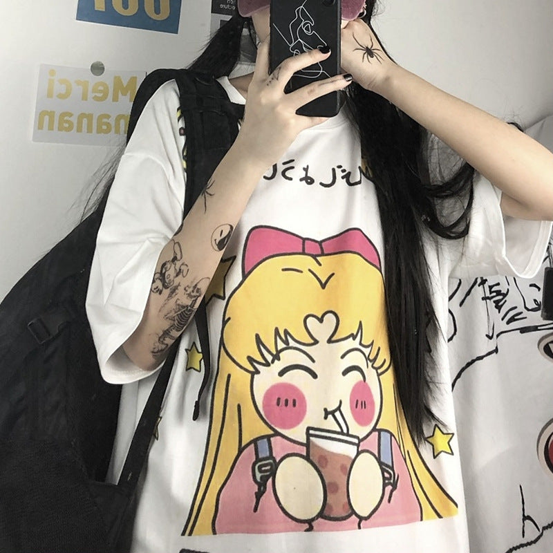 Summer Korean Cartoon Print Loose T-Shirt for Women