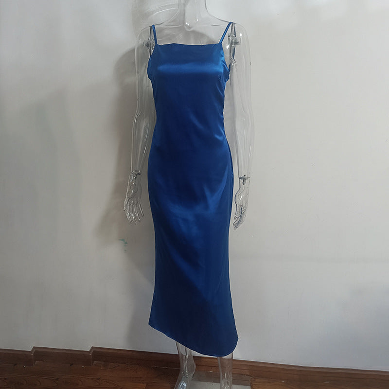 Elegant Backless Lace-Up Satin Suspender Dress