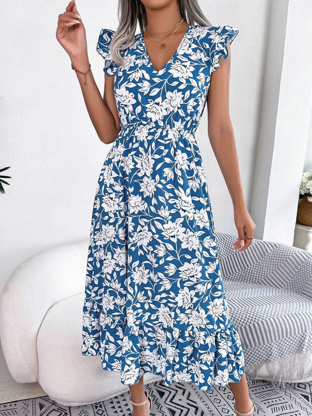 Spring Summer Casual Ruffle Floral Maxi Dress