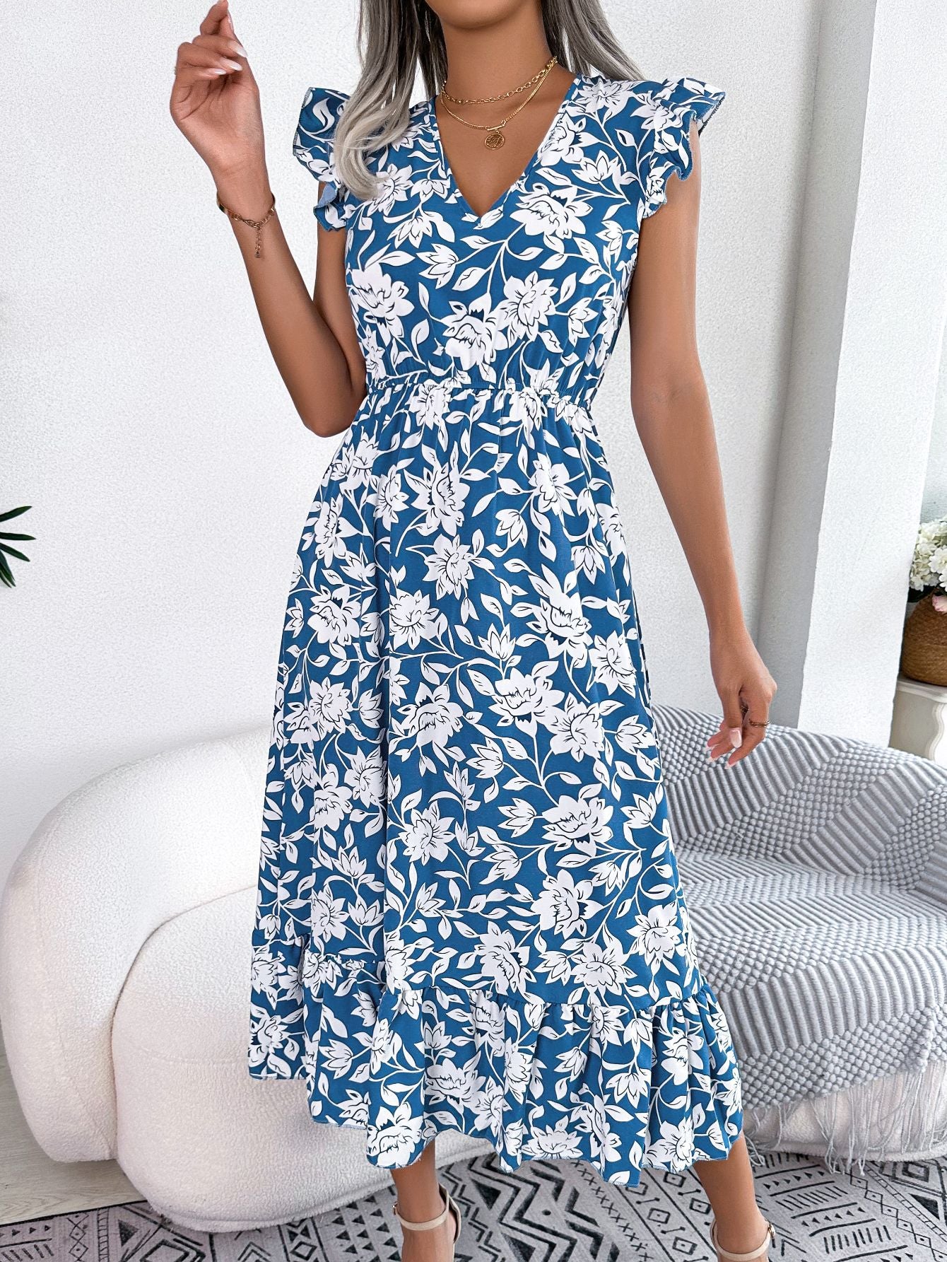 Spring Summer Casual Ruffle Floral Maxi Dress