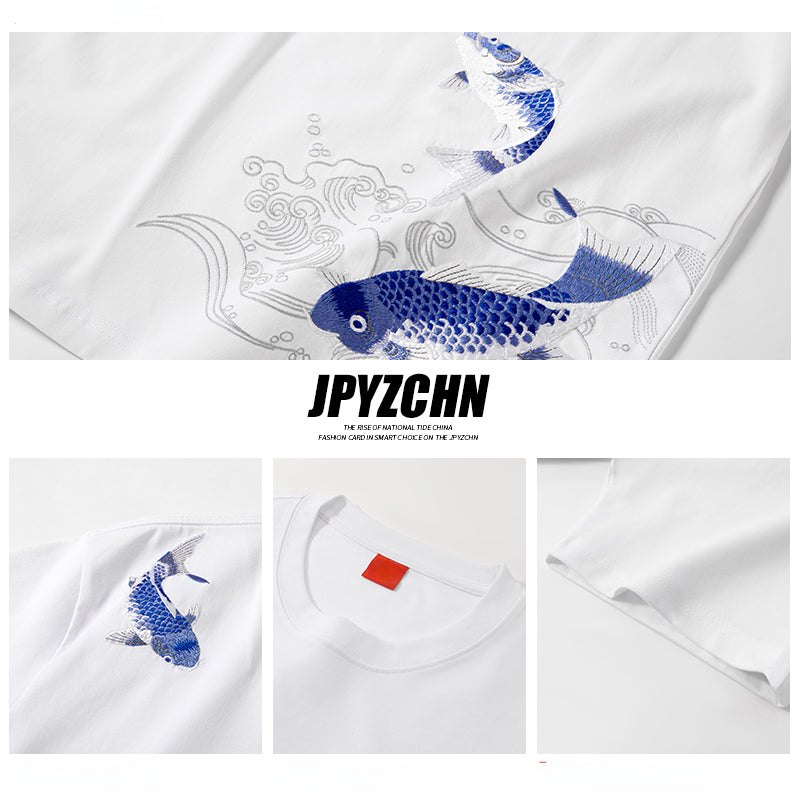 Men's Vintage Chinese Carp Embroidered Summer T-Shirt