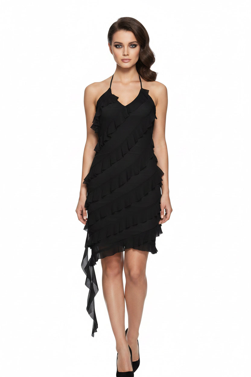 Black dress with ruffled layers on a white background