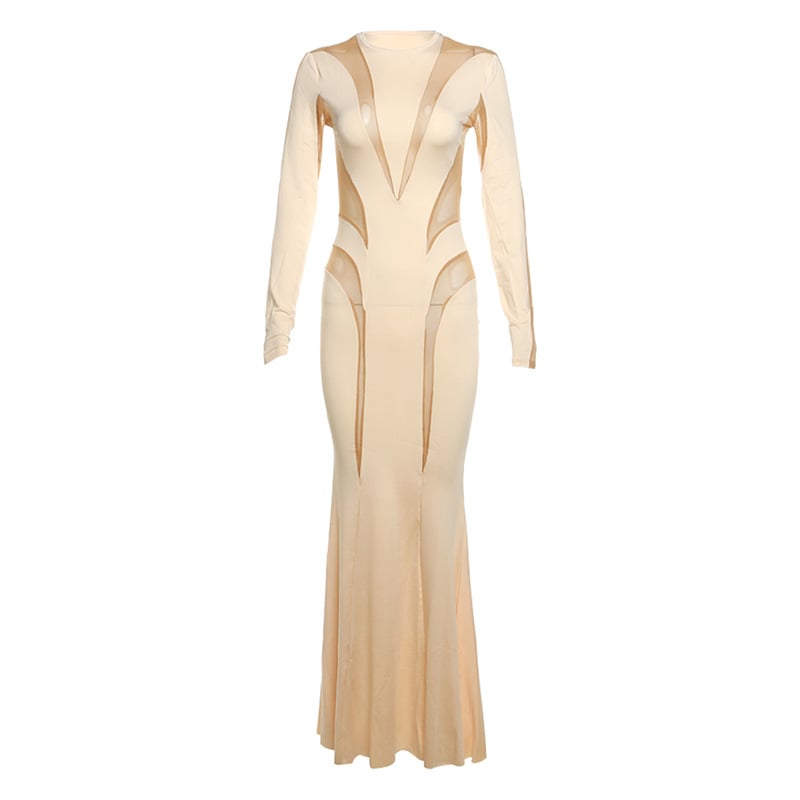 Elegant Slimming Solid Color Mesh Stitching Dress