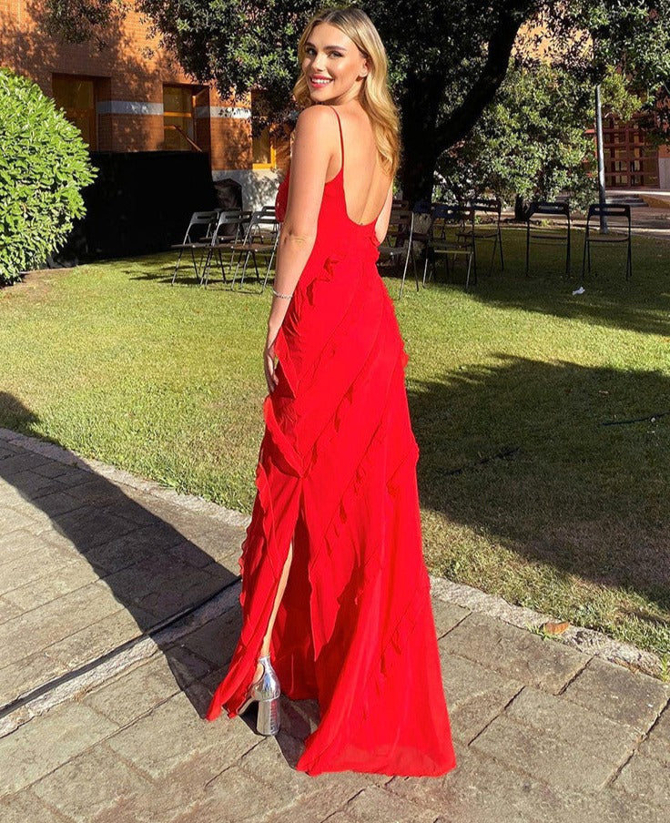 Spring Summer Sexy Backless U-Neck Side Slit Dress