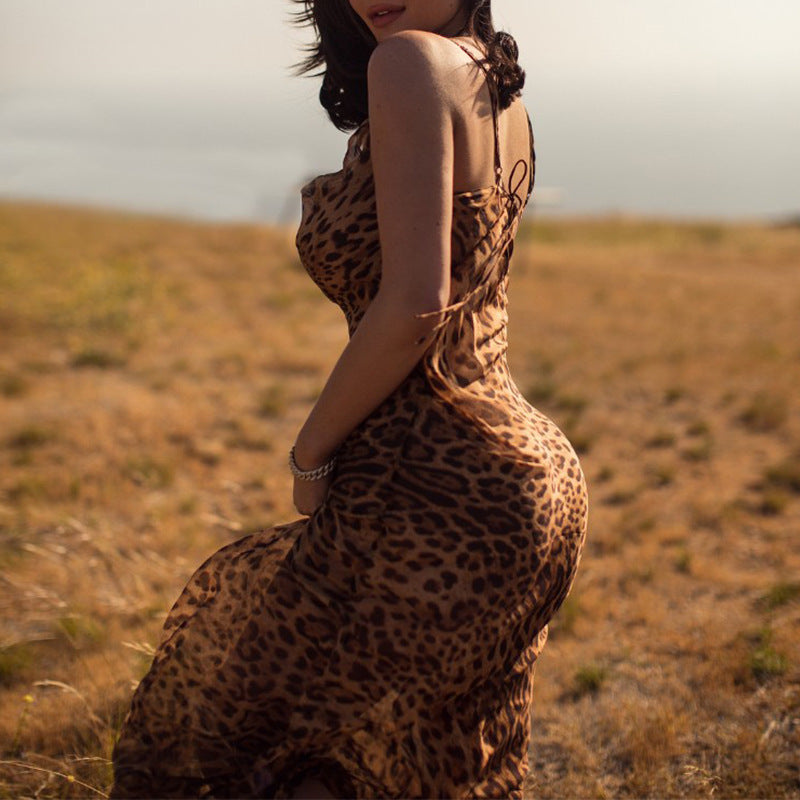 Summer Leopard Print Backless Maxi Dress for Women