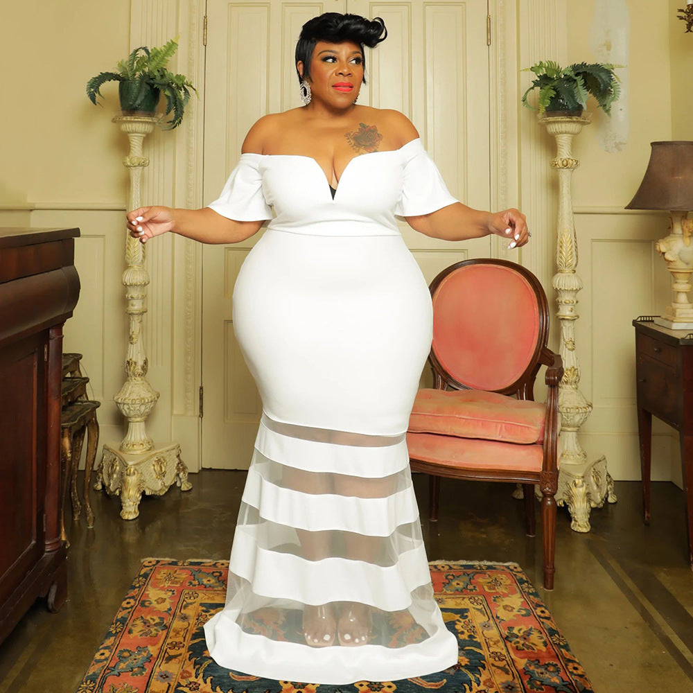 Evarisluxe Plus Size Mesh Puff Sleeve Gala Dress