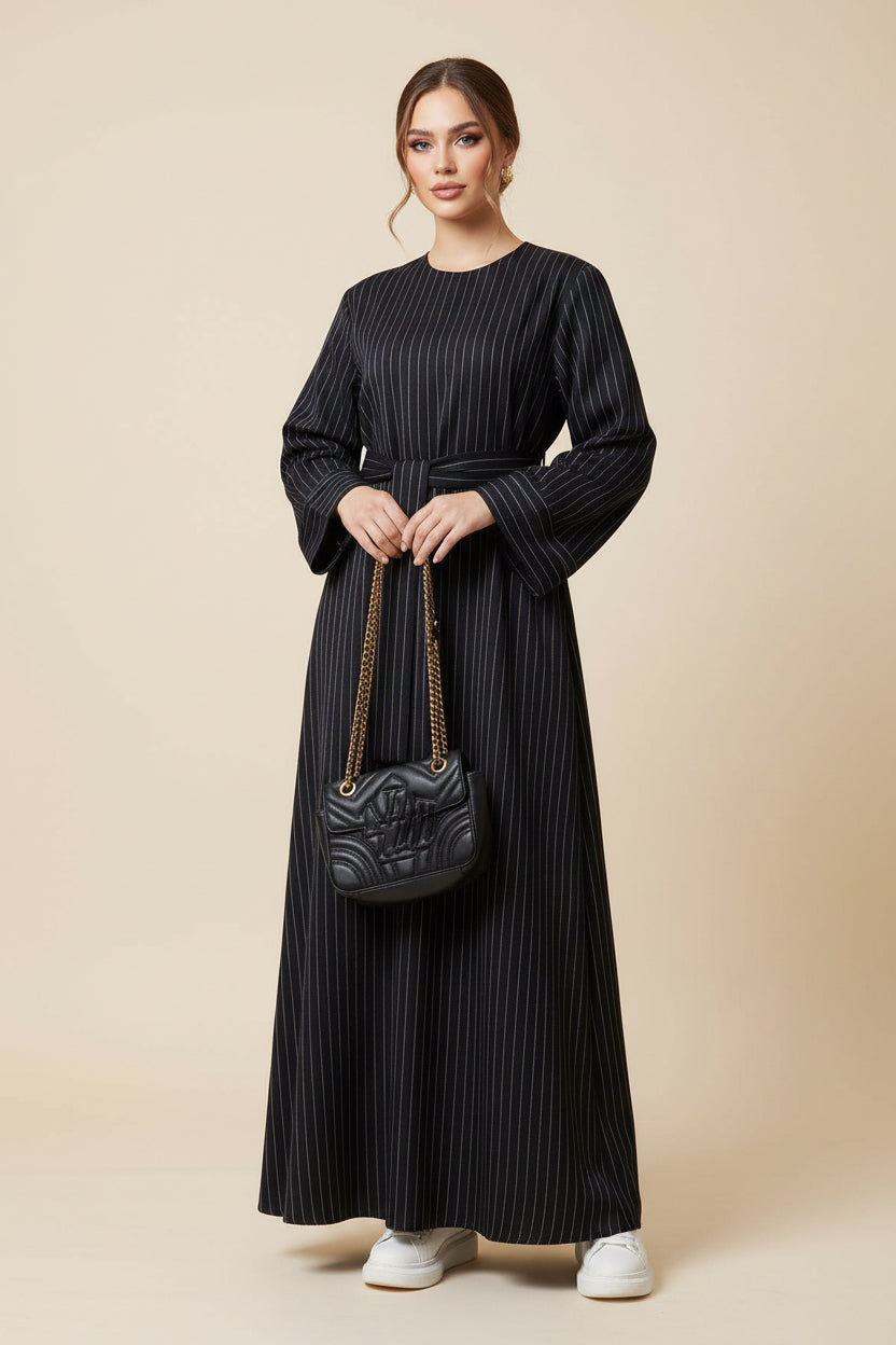 Person wearing a long dark blue dress holding a black handbag in an elegant room.
