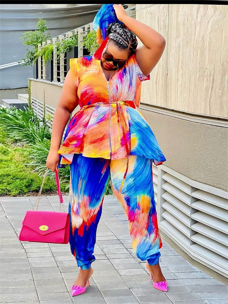Plus Size Tie Dye Two Piece Hoodie and Pants Set