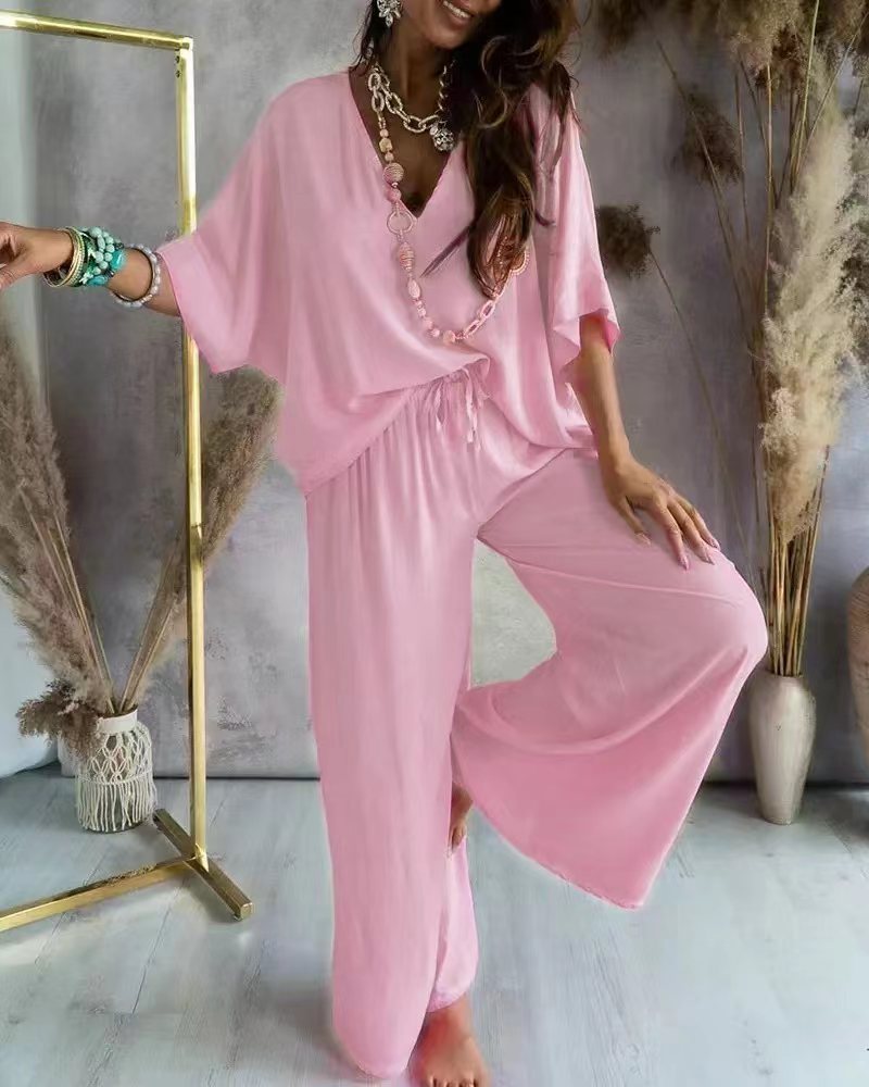 2023 Summer V-Neck Batwing Sleeve Cotton Set
