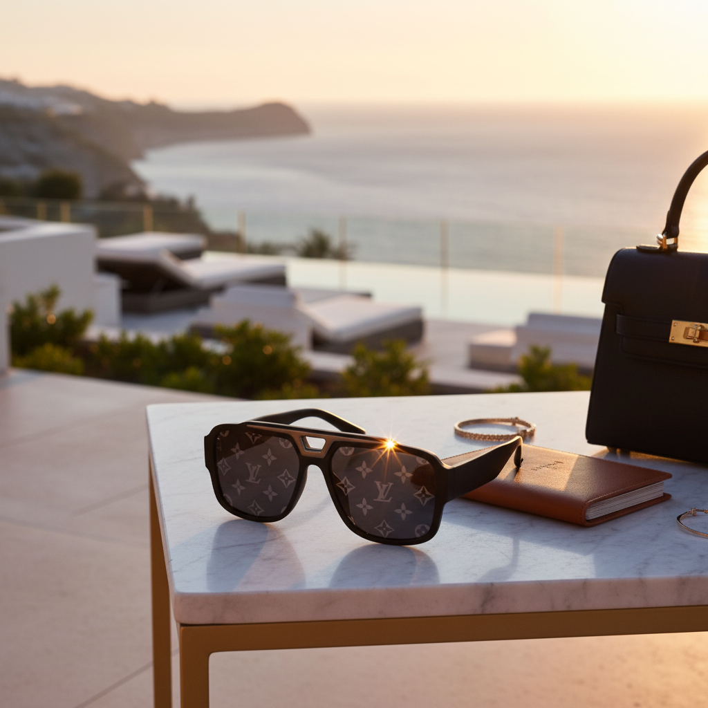 Louis Vuitton sunglasses with packaging in the background