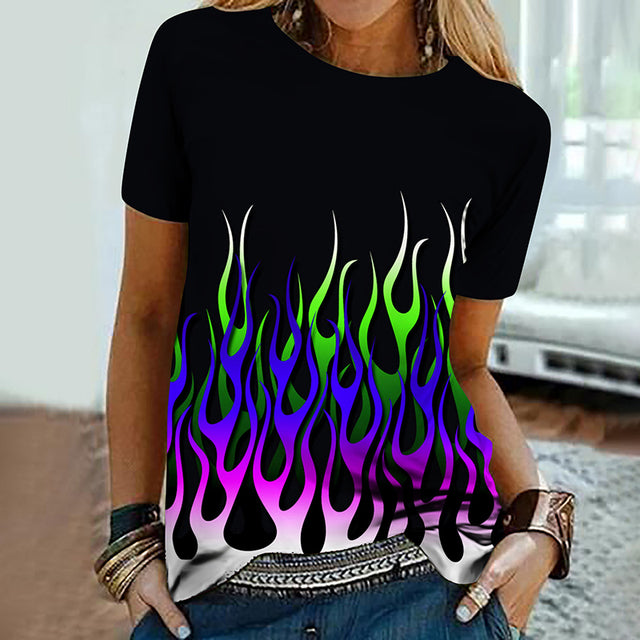 Colorful Flame 3D Print Oversized Summer T-Shirt for Women