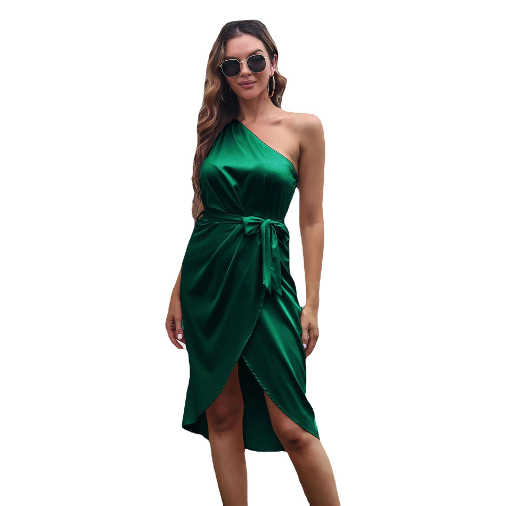 The Soie One-Shoulder Satin Wrap Dress | Evarisluxe