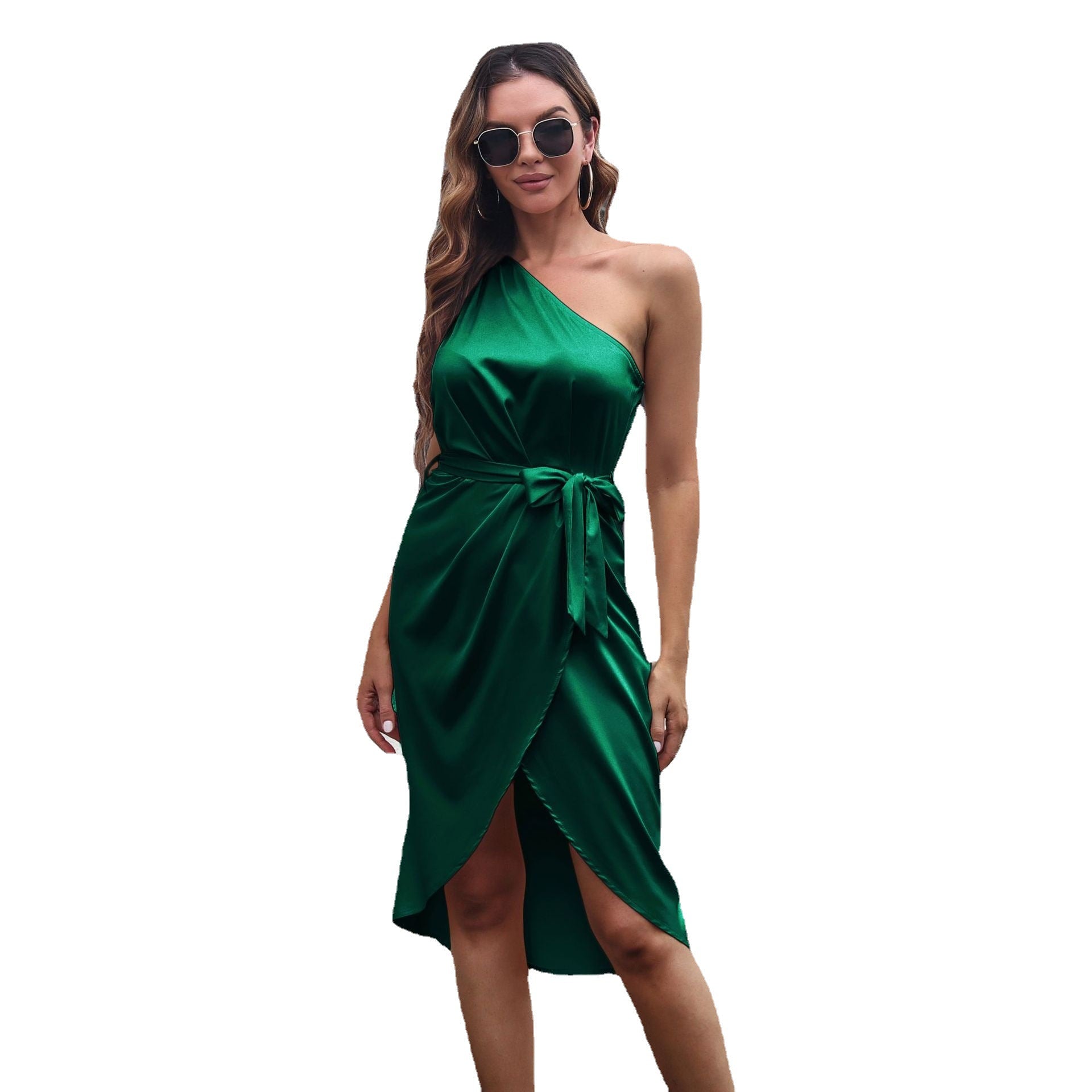 The Soie One-Shoulder Satin Wrap Dress | Evarisluxe