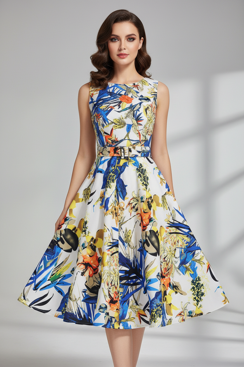 Colorful strapless dress with floral and parrot pattern on a white background