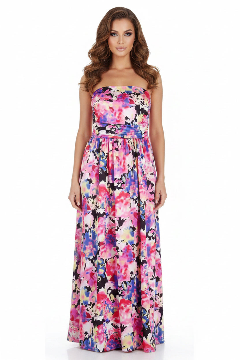 Floral strapless dress on a white background