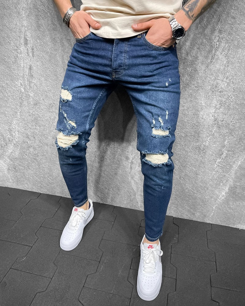 Slim-fit Ripped Stretch Denim Trousers for Men