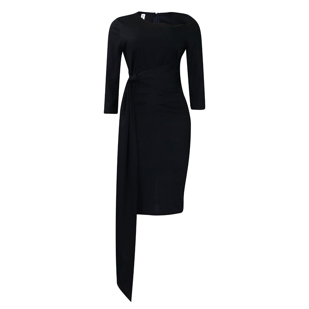 Solid Color Pleated Tied Dress for Women