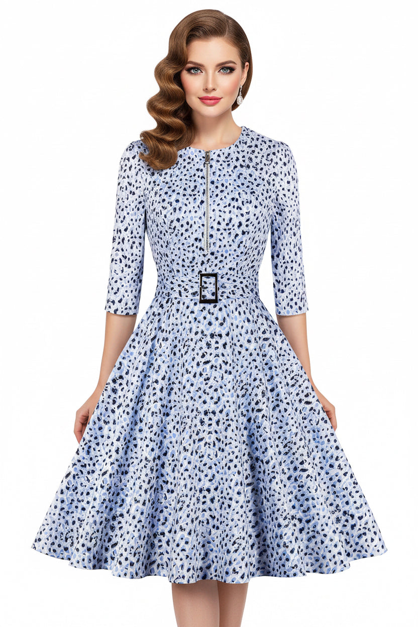 White dress with blue floral pattern on a white background