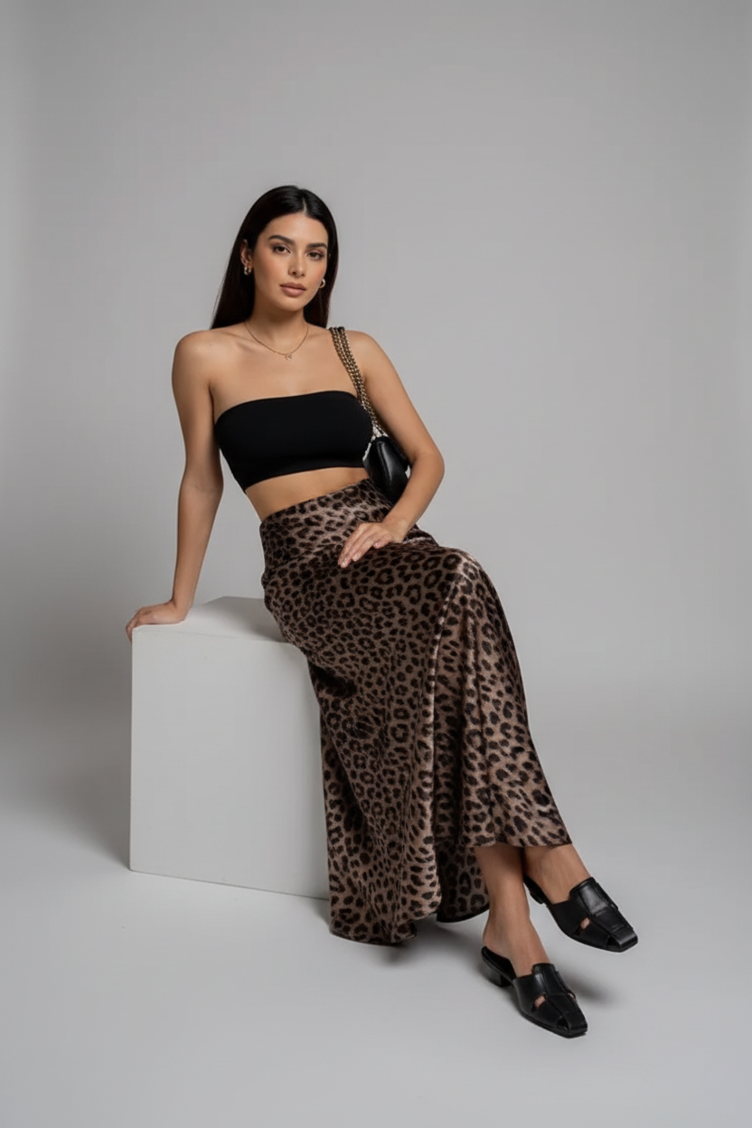 Woman in leopard print skirt and black top sitting at an outdoor dining table.