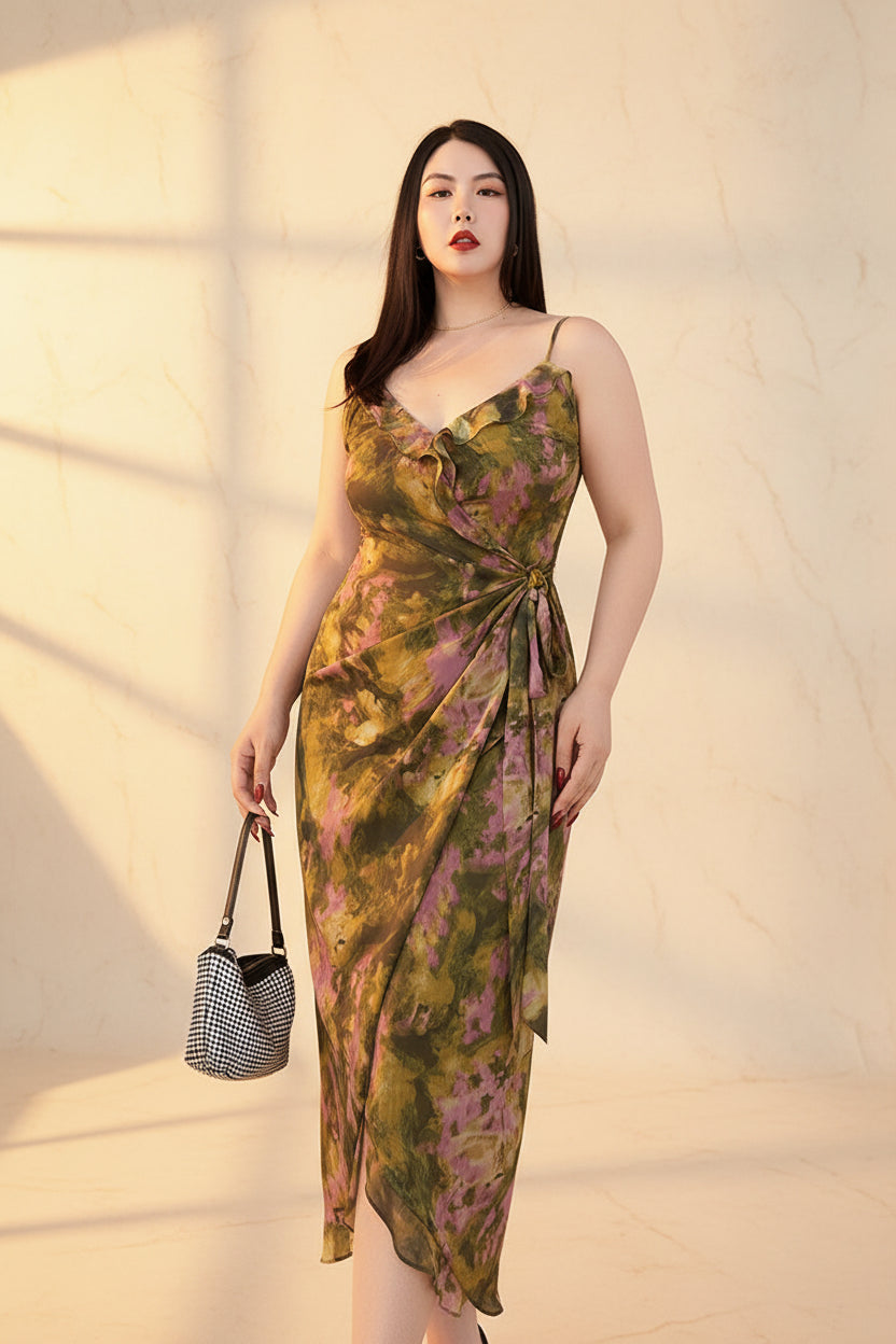 Woman in a floral dress standing in front of a building entrance.