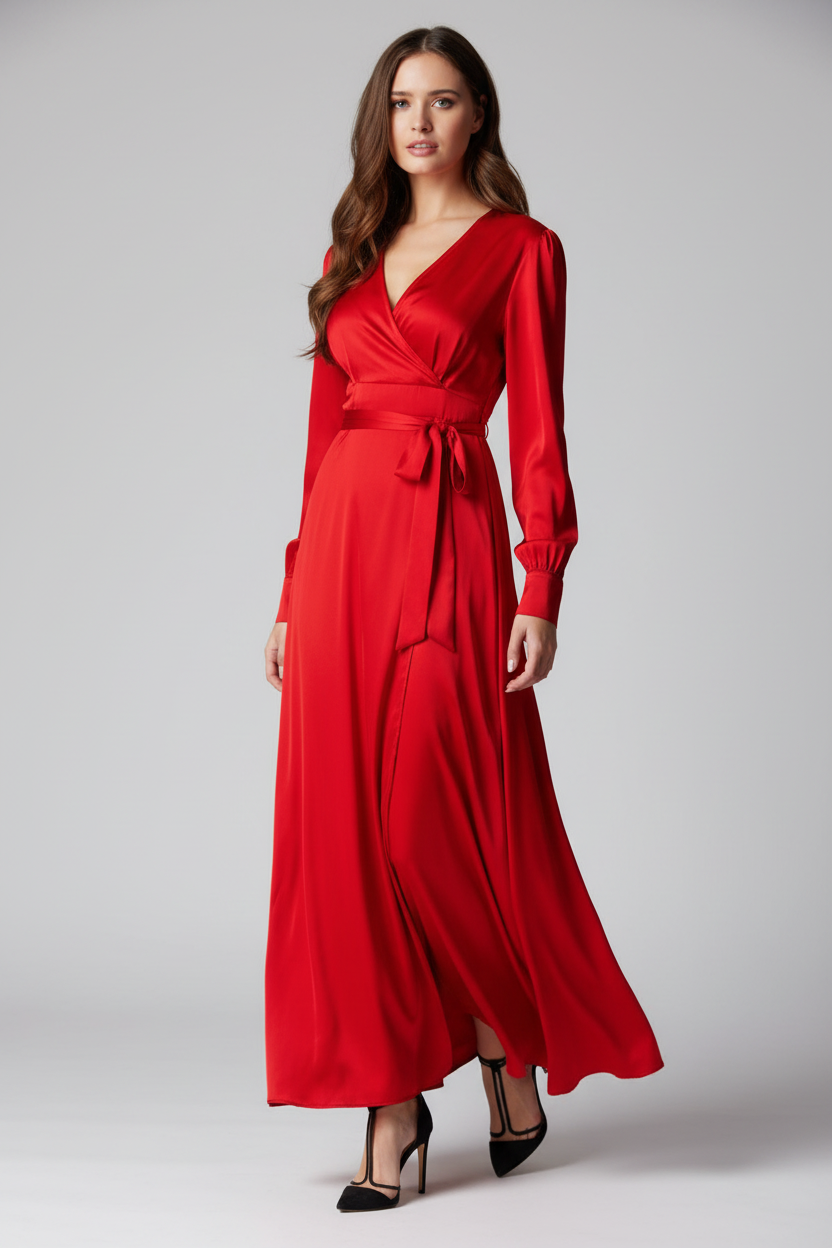 Woman in a red dress standing against a stone wall.