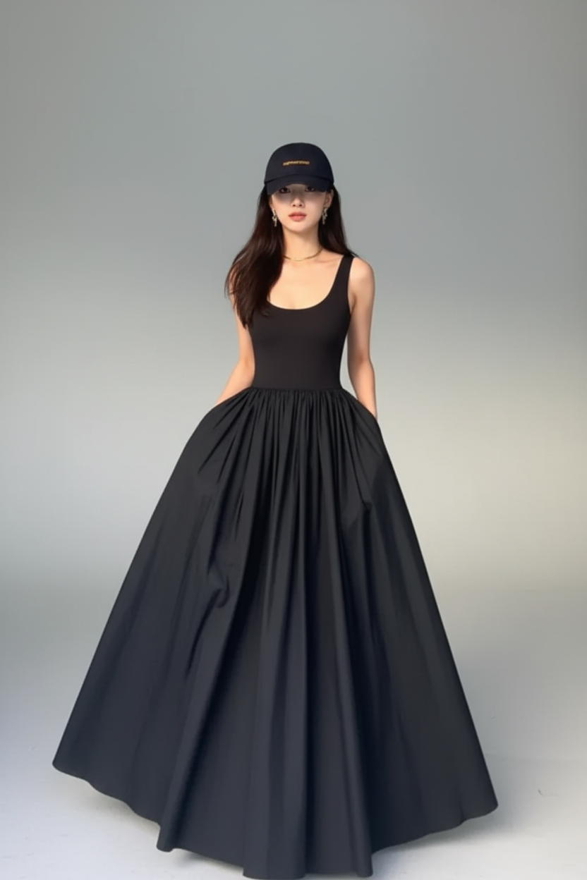Woman holding a black dress in front of a glass block wall.