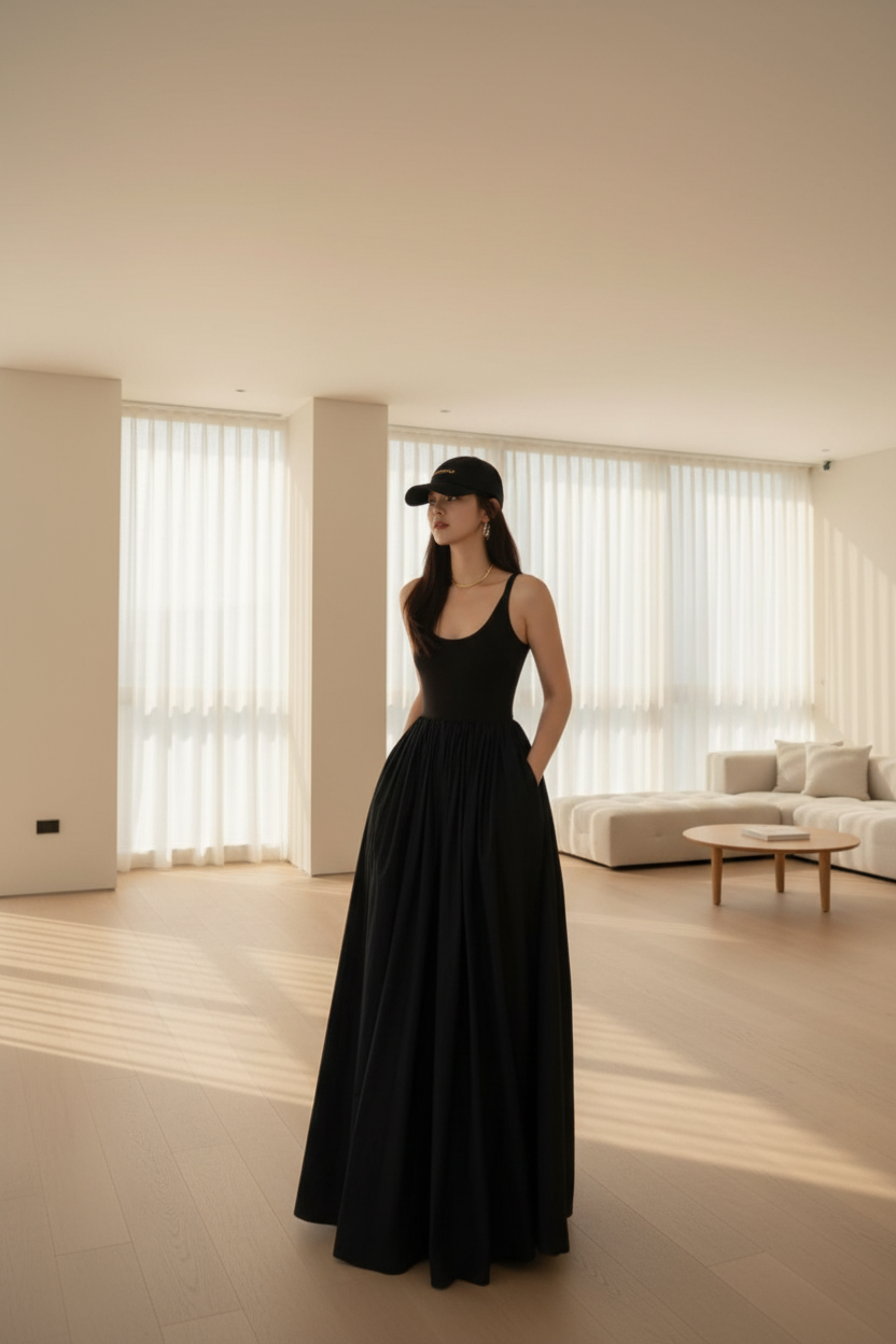 Woman wearing a black sleeveless top and long skirt with a cap, standing against a glass block wall.