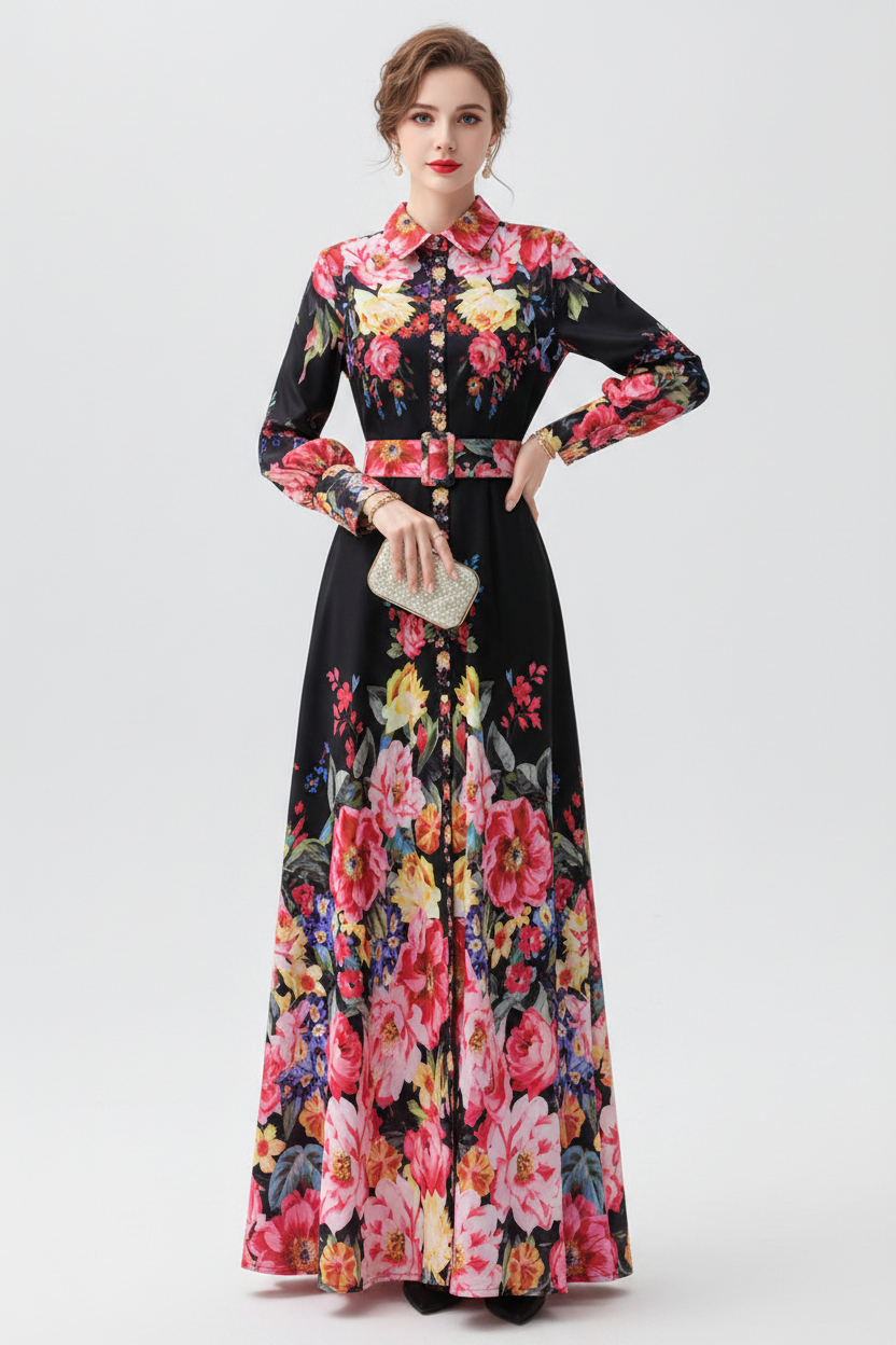 Floral dress with accessories on a textured surface