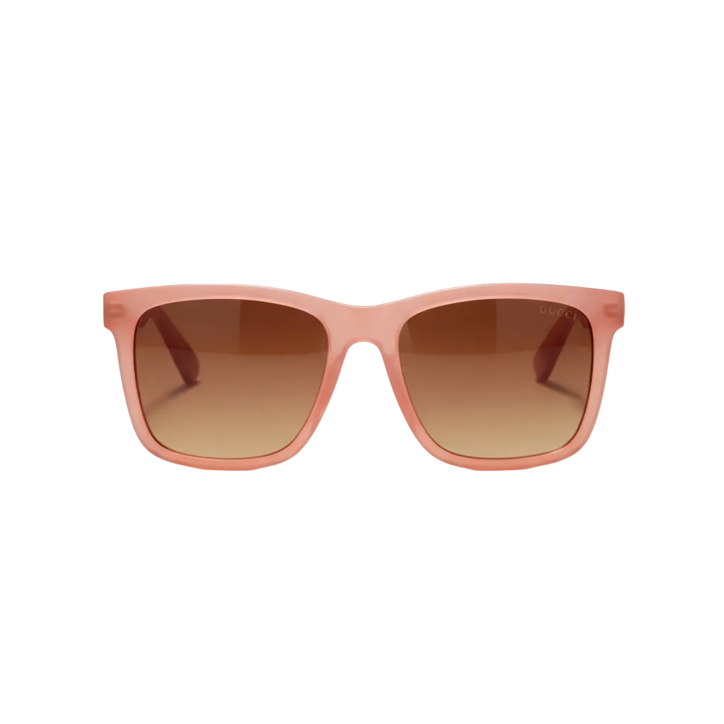Pink Gucci sunglasses with a brown case on a white background